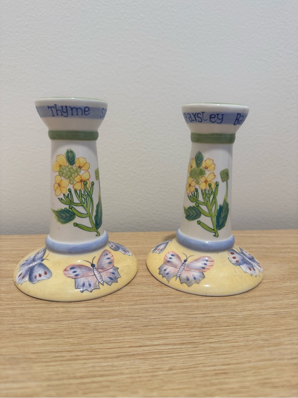 Royal Worcester Hand-Painted Yellow & Green Floral Butterfly Candle Holders